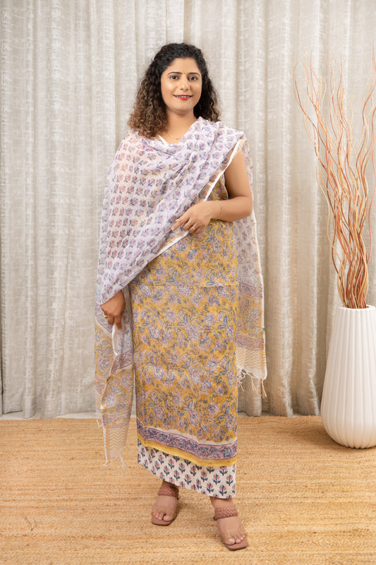 Pure Kota Doria Hand Block Print 3 Piece Dress Material With Kota Doria Dupatta