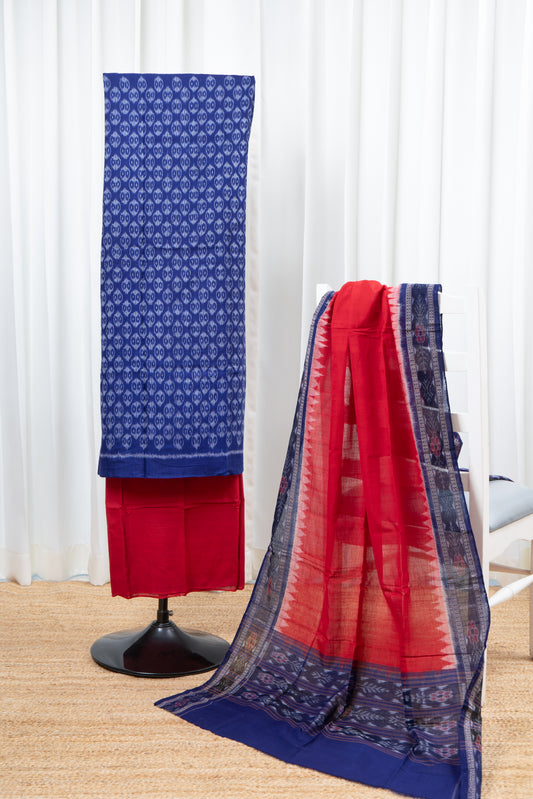 Pure Cotton Sambalpuri Ikkat 3 Piece Dress Material- Navy Blue