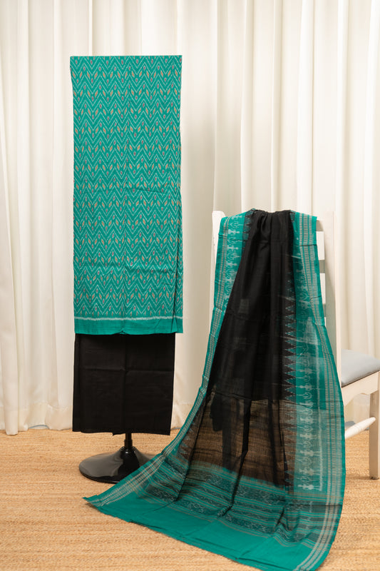 Pure Cotton Sambalpuri Ikkat 3 Piece Dress Material- Sea Green
