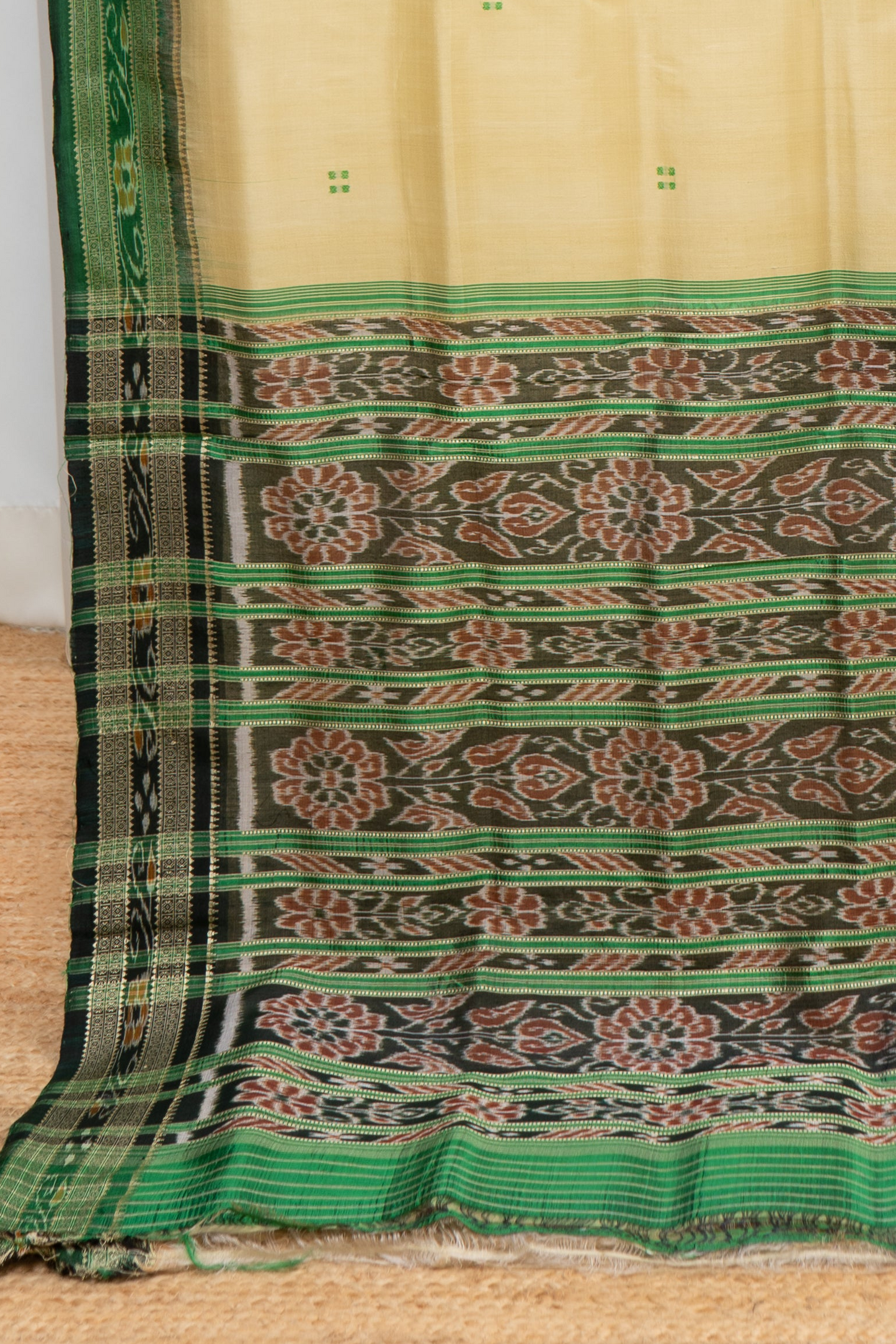 Odisha Ikkat Khandua Pure Silk Saree- Beige And Green
