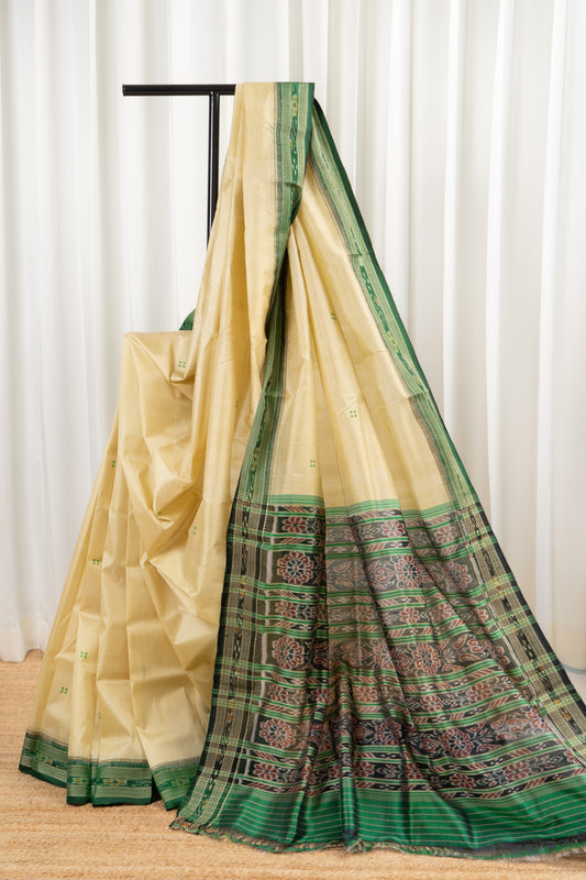 Odisha Ikkat Khandua Pure Silk Saree- Beige And Green