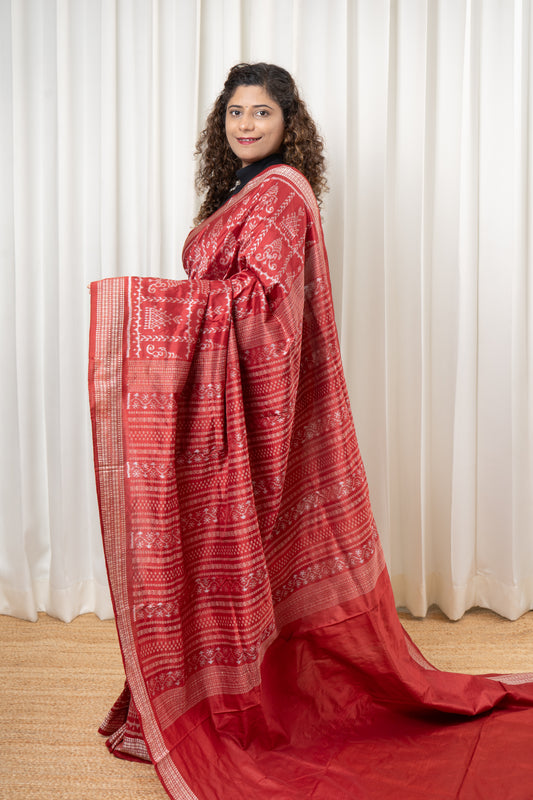 Natural Dye Sambalpuri Silk Saree – Manjistha Red