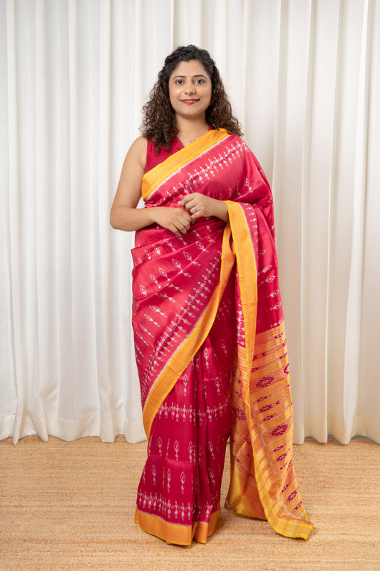 Odisha Ikkat Khandua Pure Silk Saree- Dual Tone Carrot Red
