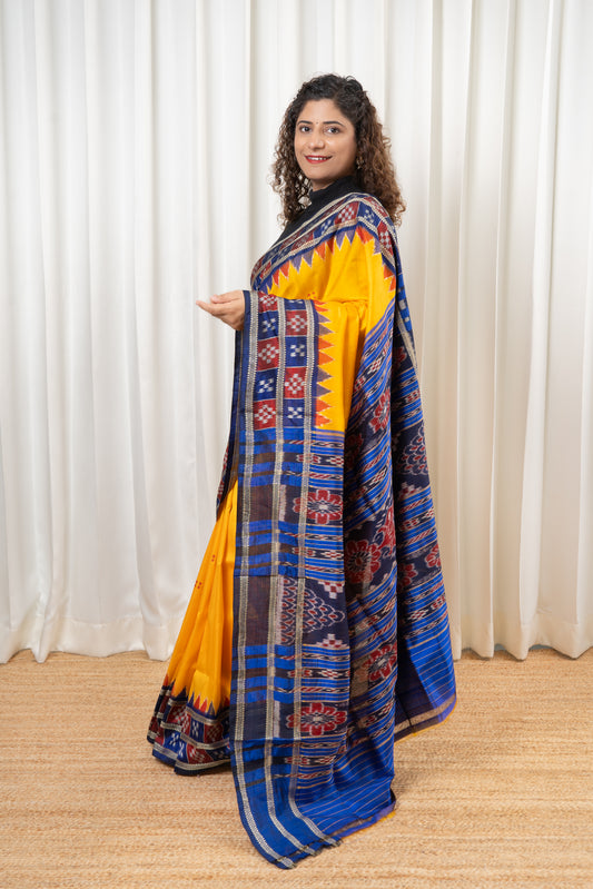Pasapali Border Odisha Ikkat Pure Silk Saree-Yellow