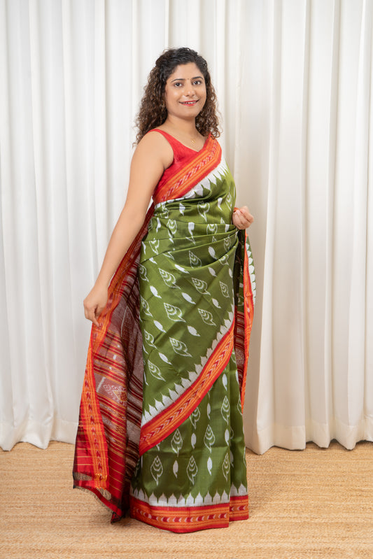 Odisha Ikkat Khandua Silk Saree - Olive green