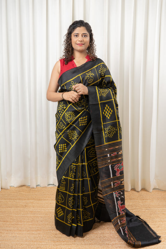 Exclusive Odisha Ikkat Nabakothi Pure Silk Saree- Black