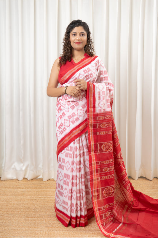 Nuapatna Khandua Cotton Saree - White & Red