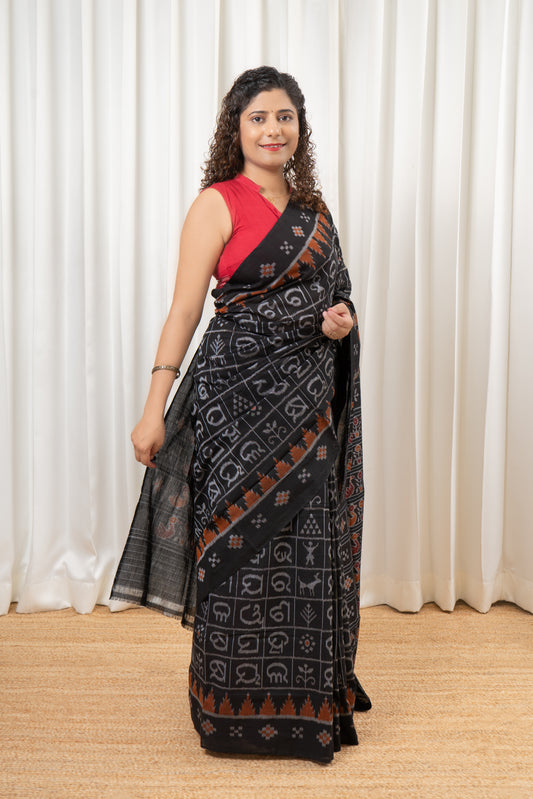 Exclusive Odia Varnamala Khandua Cotton Saree - Black