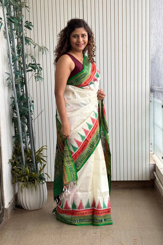 Odisha Ikkat Double Border Khandua Silk Saree - Off White