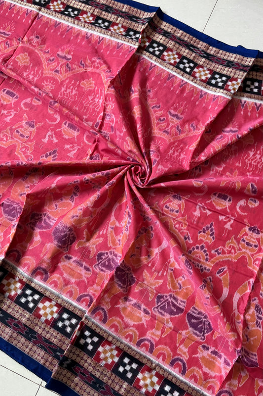 Exclusive Curvilinear Sambalpuri Ikkat Pure Cotton Saree : Pink & Blue