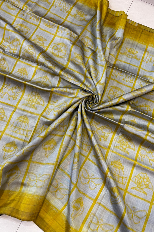 Exclusive Odisha Ikkat Nabakothi Pure Silk Saree- Silver Grey & Yellow