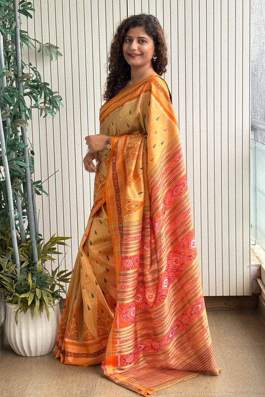 Odisha Ikkat Khandua Pure Silk Saree- Pastel Orange