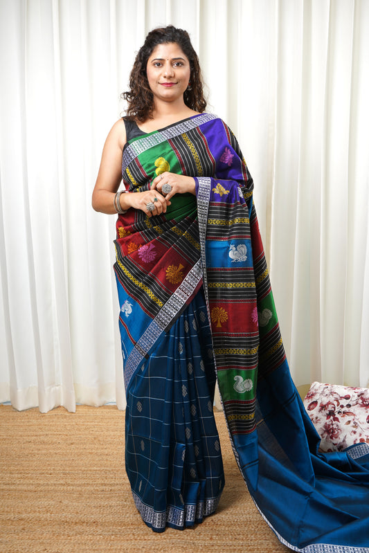 Berhampuri silk saree teal with double pallu