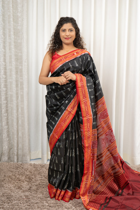 Odisha Handloom Single Ikkat Khandua Silk Saree - Black-Red