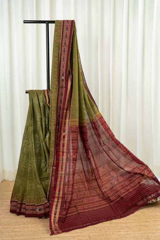 Odisha Ikkat Cotton Saree- Mehndi Green