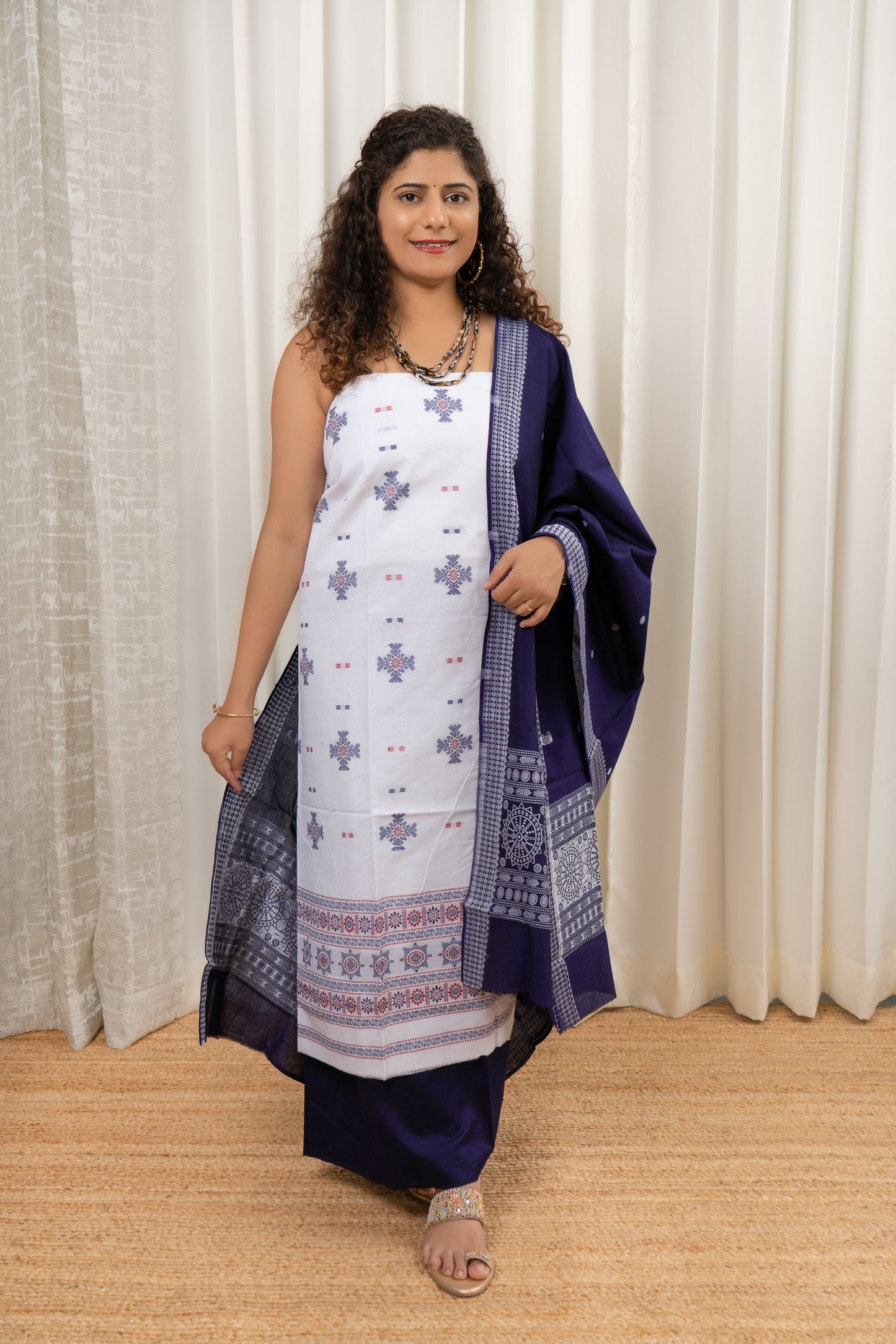 Pure Cotton Bomkei 3 Piece Dress Material-White