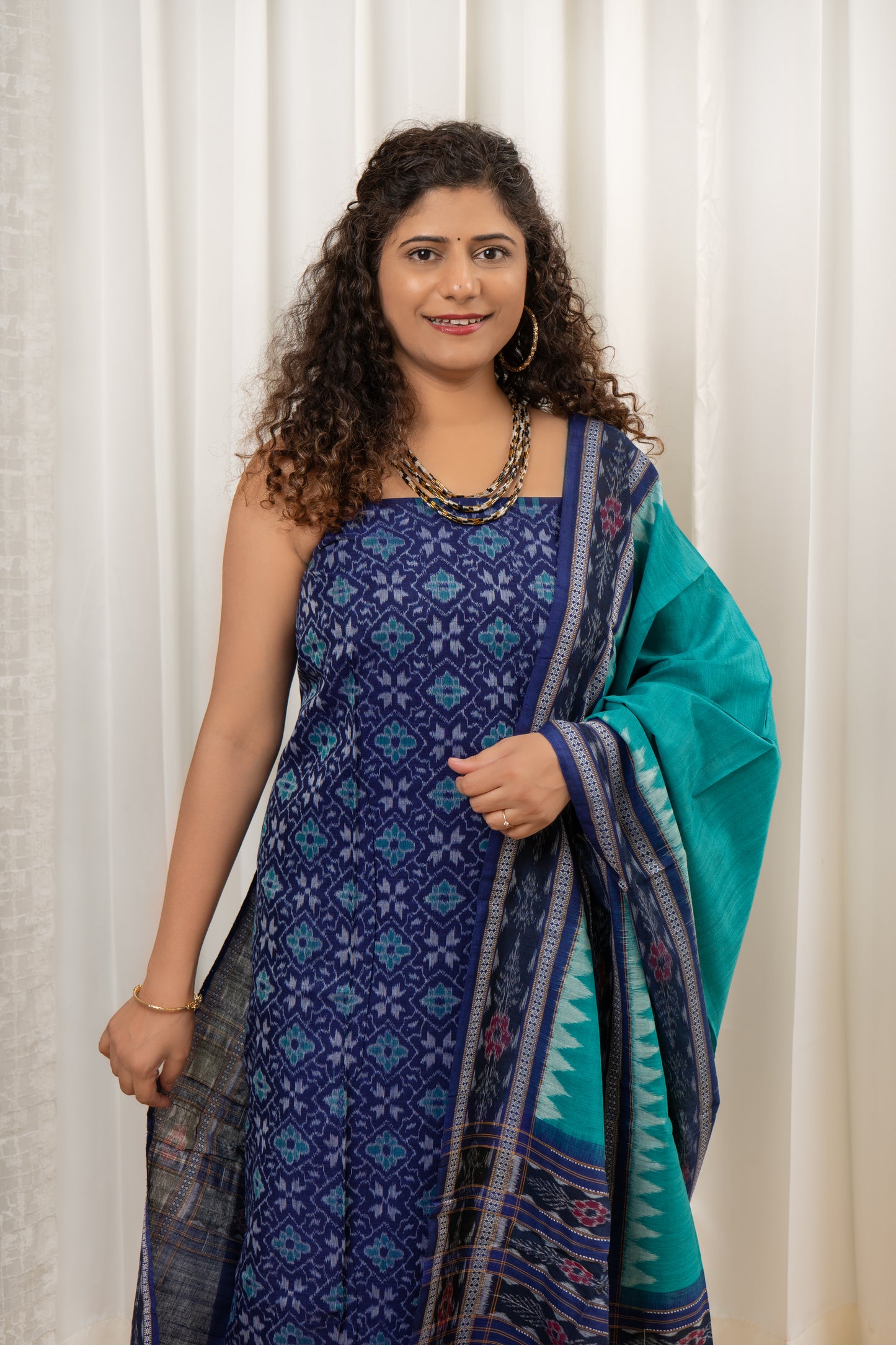 Pure Cotton Sambalpuri Ikkat 3 Piece Dress Material-Navy