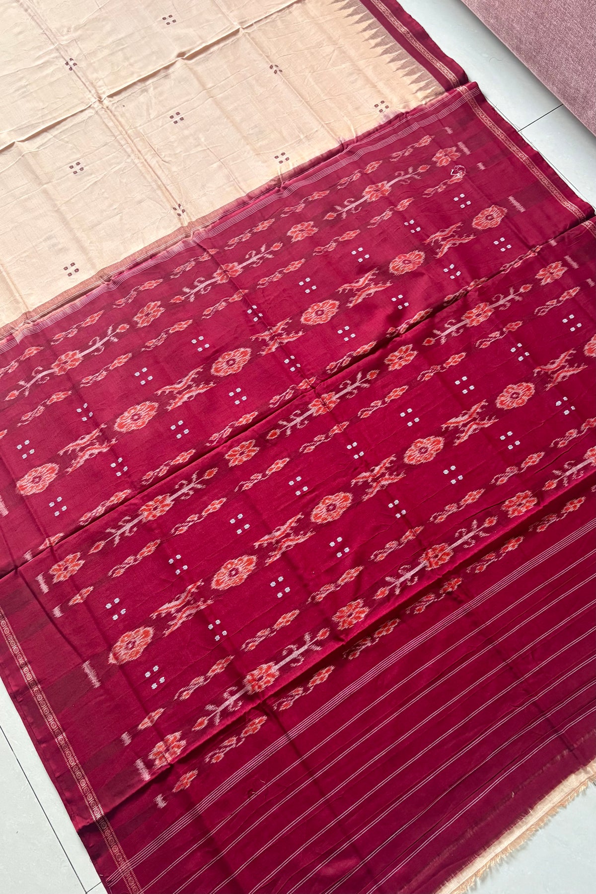 Ek Phulia Cotton Saree- Caramel Beige & Maroon