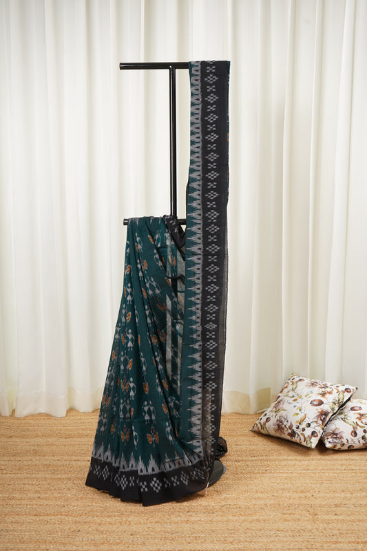 Odisha Ikkat Khandua Cotton Saree- Rama Green and Black