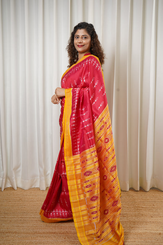 Odisha Ikkat Khandua Pure Silk Saree- Dual Tone Carrot Red