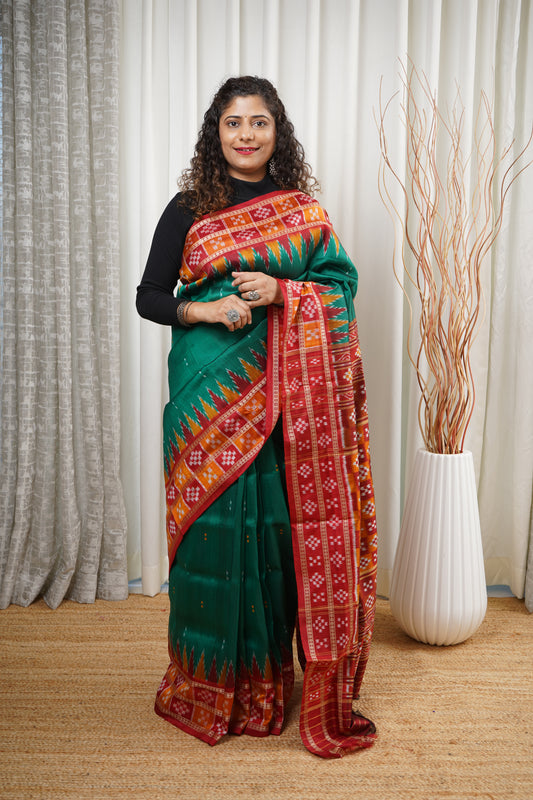 Double Pasapali Border Khandua Ikkat Silk Saree - Green