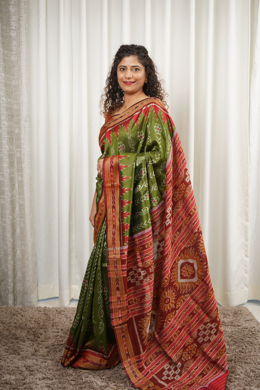 Odisha Handloom Khandua Silk (Patta) Saree - Henna Green