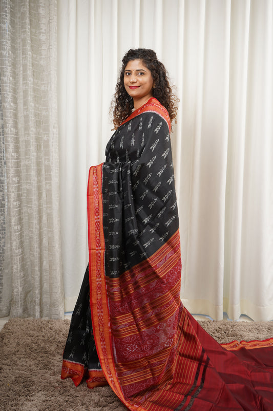 Odisha Handloom Single Ikkat Khandua Silk Saree - Black-Red