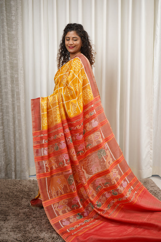 Exclusive Odisha Ikkat Nabakothi Pure Silk Saree- Pastel Yellow