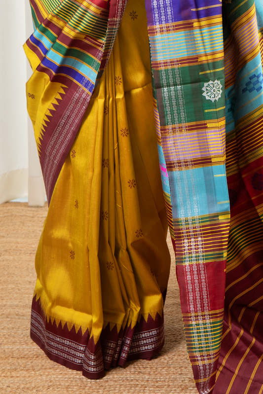 Exclusive Double Pallu Berhampuri Pure Silk Patta Saree - Golden Yellow