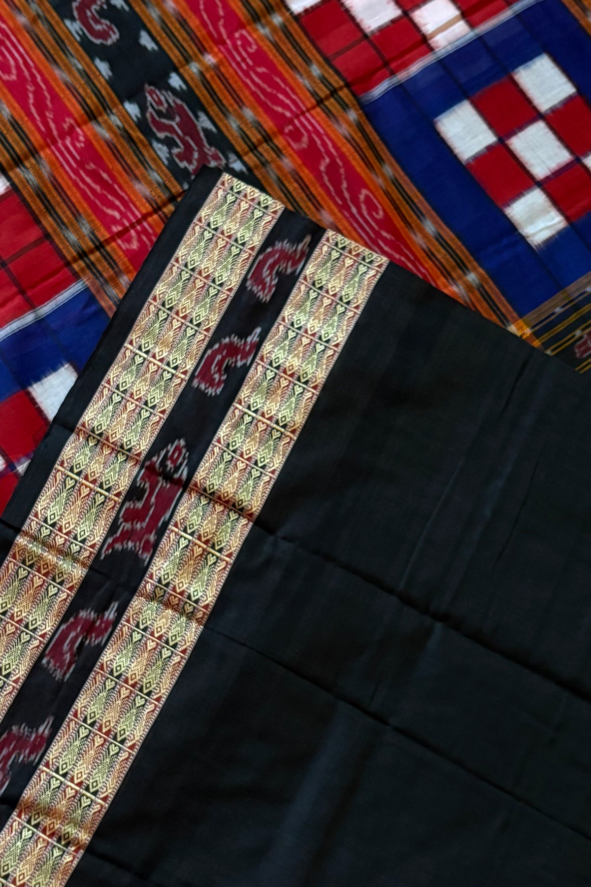Sambalpuri Bichitrapuri Pure Cotton Saree: Blue, Red & Black