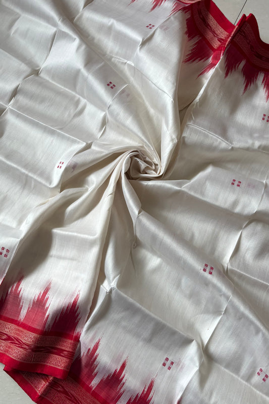 Bandha Border Khandua Ikkat Silk Saree - Off White Red