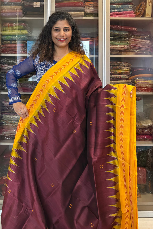 Bandha Border Khandua Ikkat Silk Saree - Dark Coffee