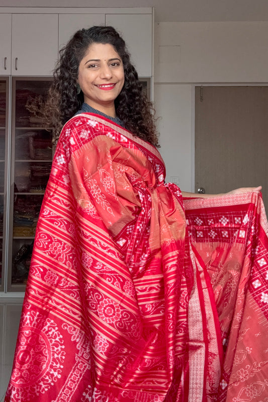 Exclusive Sambalpuri Pure Silk Saree - Rust and Red