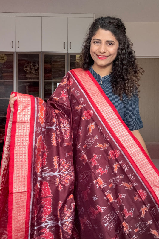 Exclusive Sambalpuri Pure Silk Saree - Coffee-Maroon