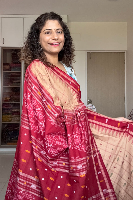 Exclusive Odisha Ikkat Hazaar Buti Cotton Saree- Beige