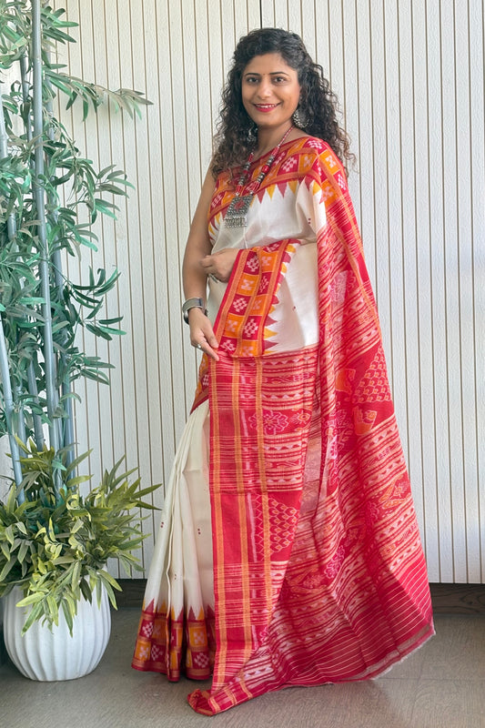 Double Pasapali Border Khandua Ikkat Silk Saree - Off White and Red