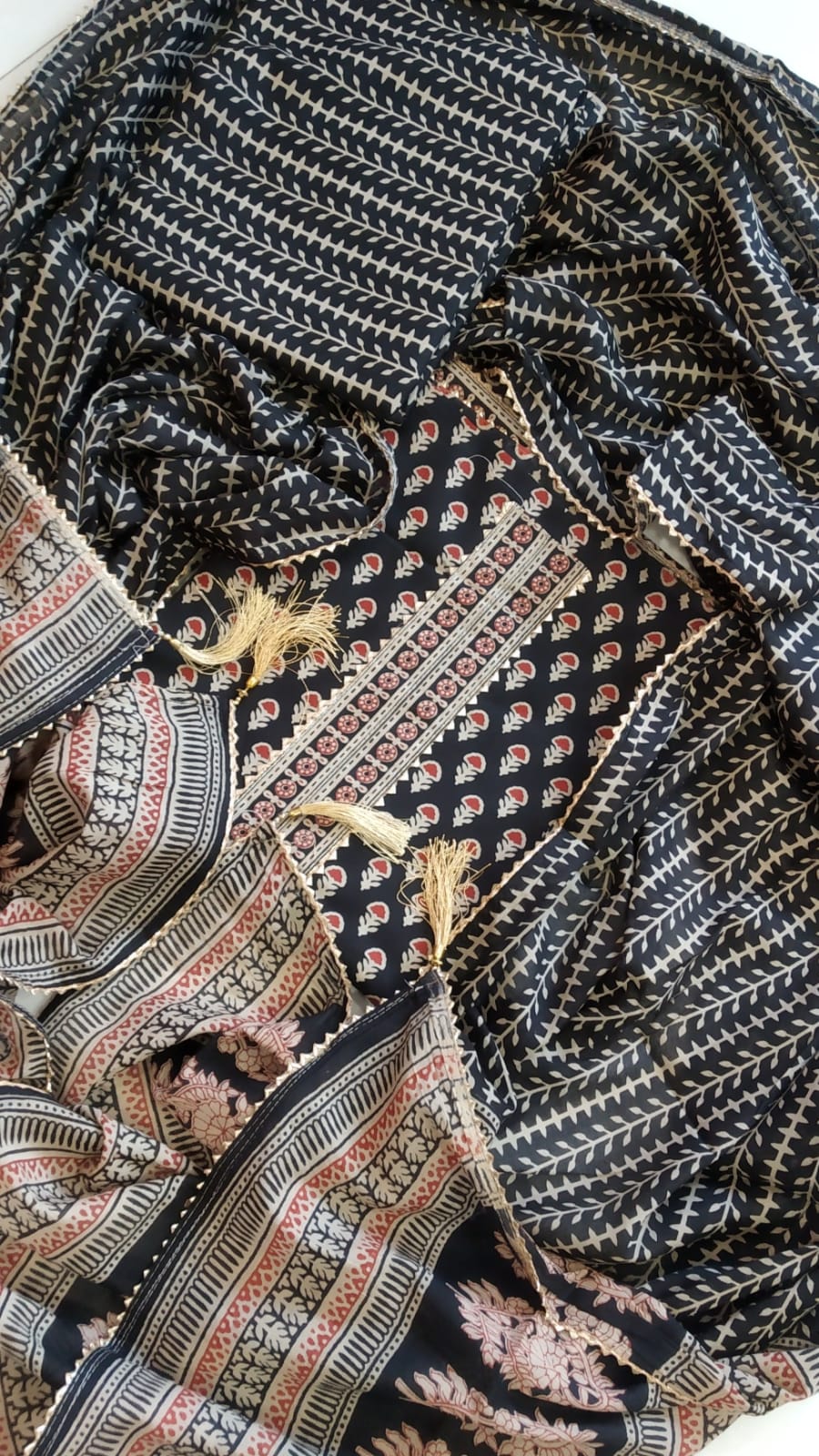 Pure Cotton Hand Block Print Piece Dress Materials WIth Gota Neck and Mulmul Cotton Dupatta