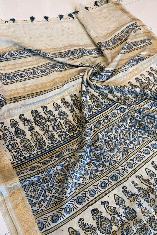 Ajrakh Mulberry Natural Dye Hand Block Print Saree - Beige