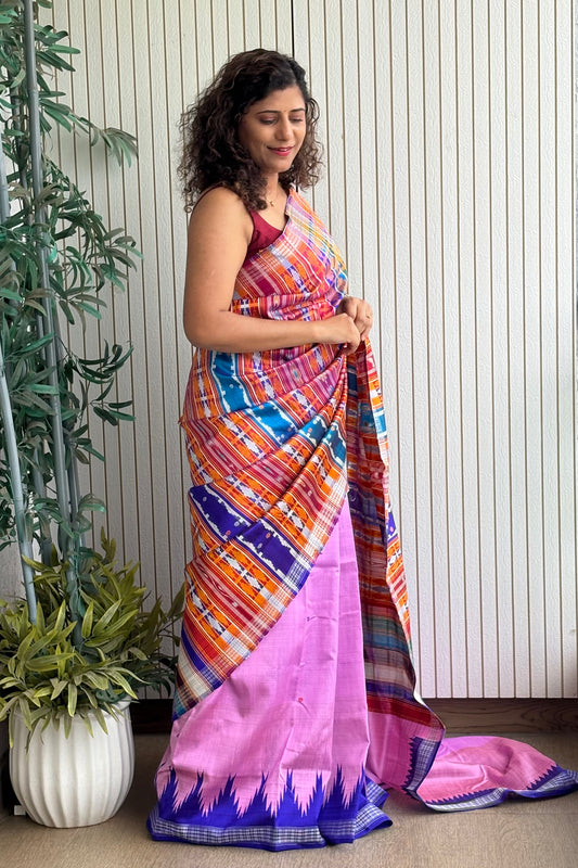 Exclusive Ganga Jamuna Border Double Pallu Berhampuri Pure Silk Patta Saree - Pink