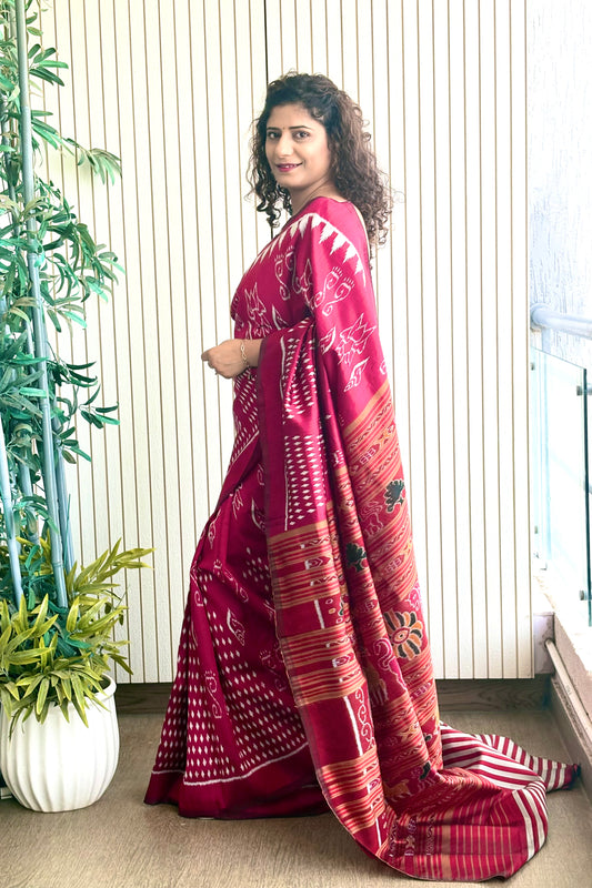 Exclusive Odisha Ikkat Khandua Pure Silk Saree- Raspberry Pink