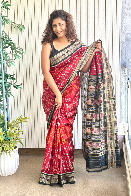 Odisha Ikkat Khandua Pure Silk Saree- Deep Red