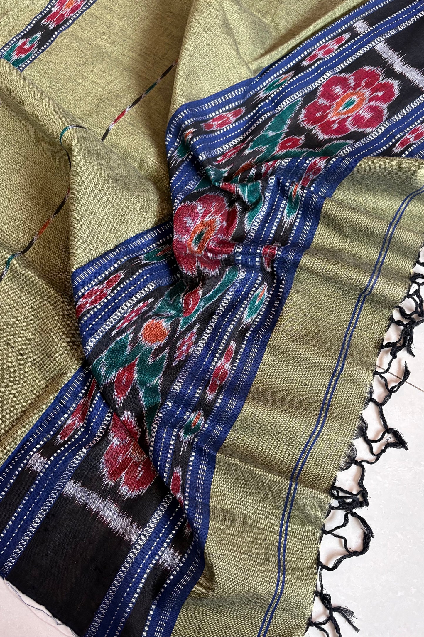 Odisha Ikkat Pure Cotton Stole-Olive Green