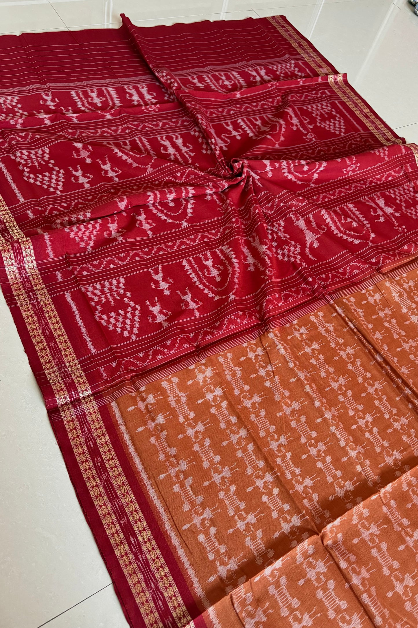 Exclusive Odisha Ikkat Khandua Cotton Saree - Rust Brown