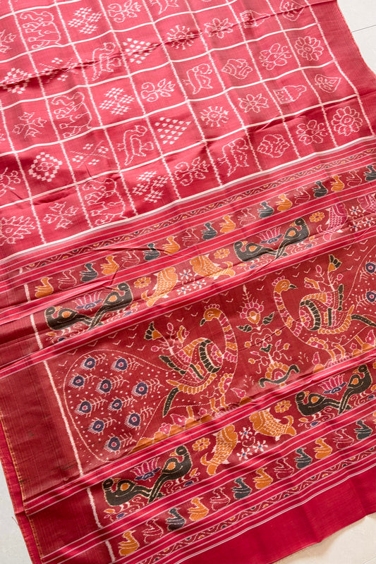 Exclusive Odisha Ikkat Nabakothi Pure Silk Saree- Carrot Red