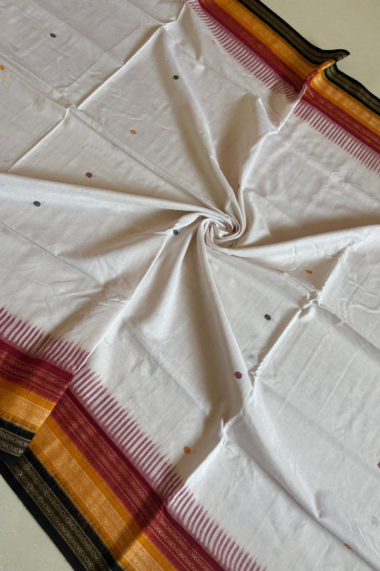 Kathifera Triple Border Ikkat Cotton Saree - White