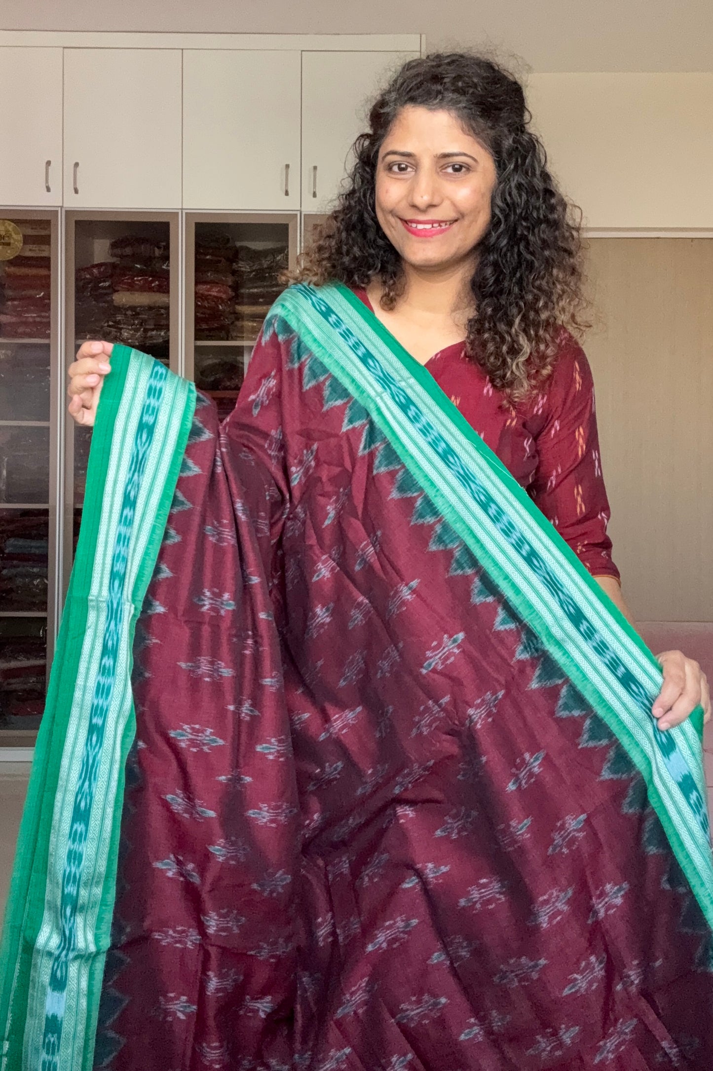 Odisha Ikkat Khandua Cotton Saree -Maroon-Green