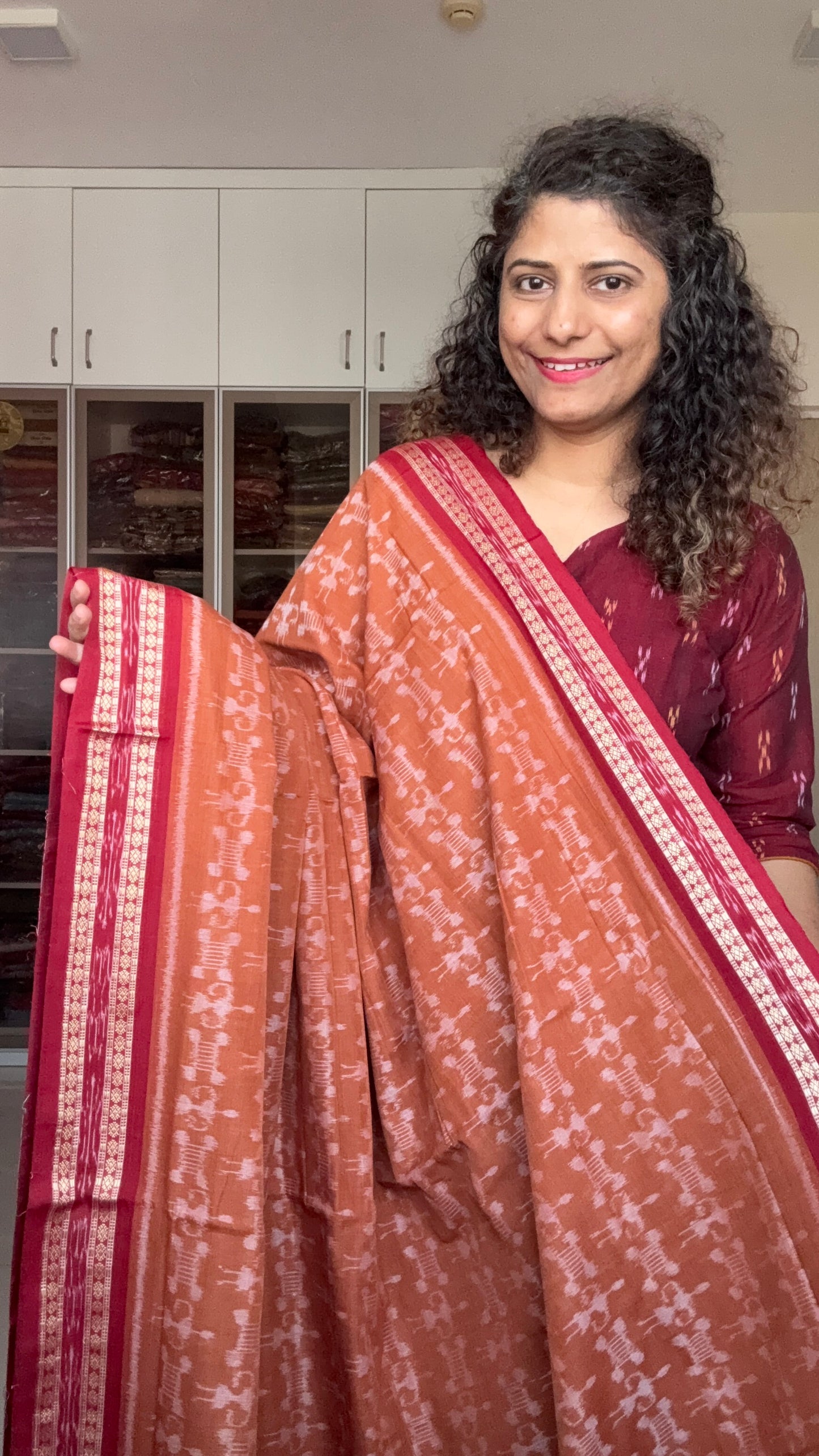 Exclusive Odisha Ikkat Khandua Cotton Saree - Rust Brown