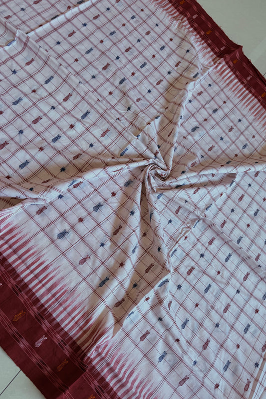 Exclusive Odisha Ikkat Hazaar Buti Cotton Saree- White Maroon