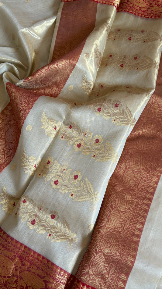 Chanderi Katan Tissue Silk Saree - Beige and Red