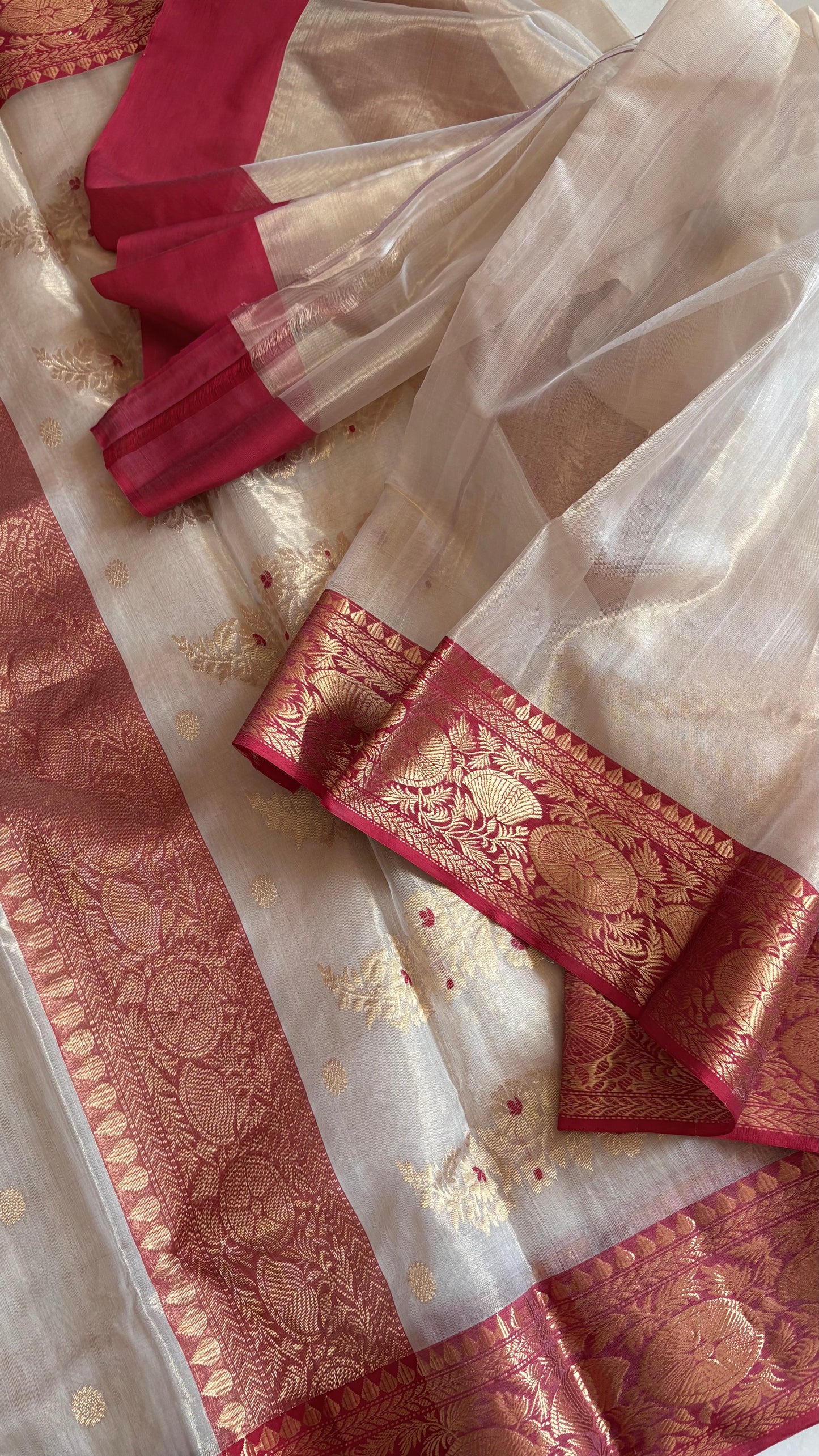Chanderi Katan Tissue Silk Saree - Beige and Red